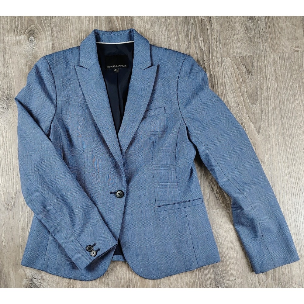 Banana Republic Blazer Womens 0 Navy Glen Plaid Stretch Jacket Single Button